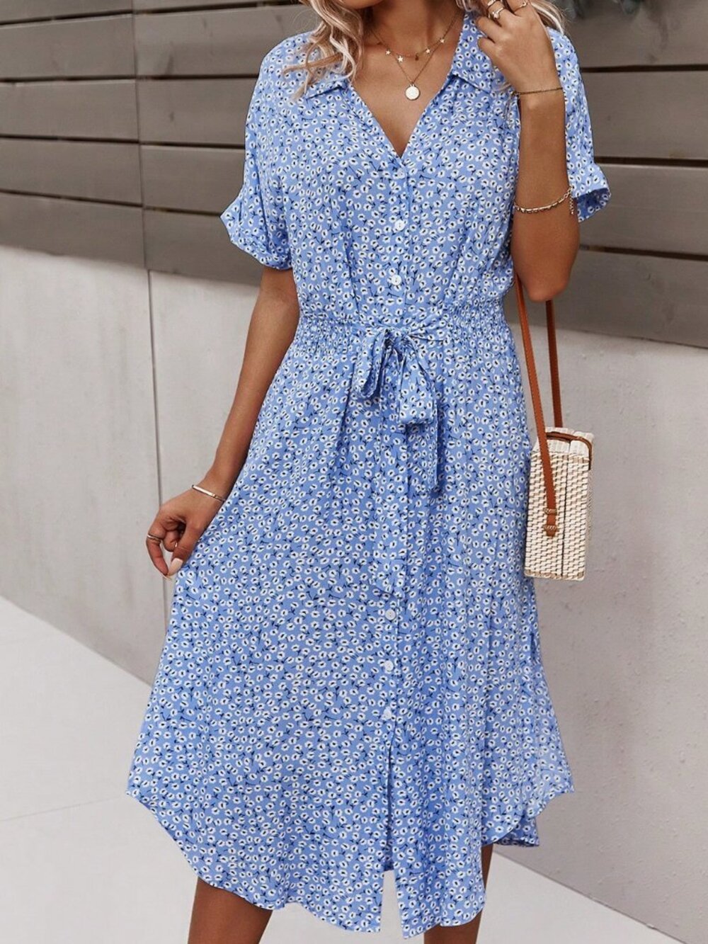 Baby Blue Casual Women's Ditsy Floral Print Batwing Sleeve Belted Shirt Dress - Picture 7 of 8